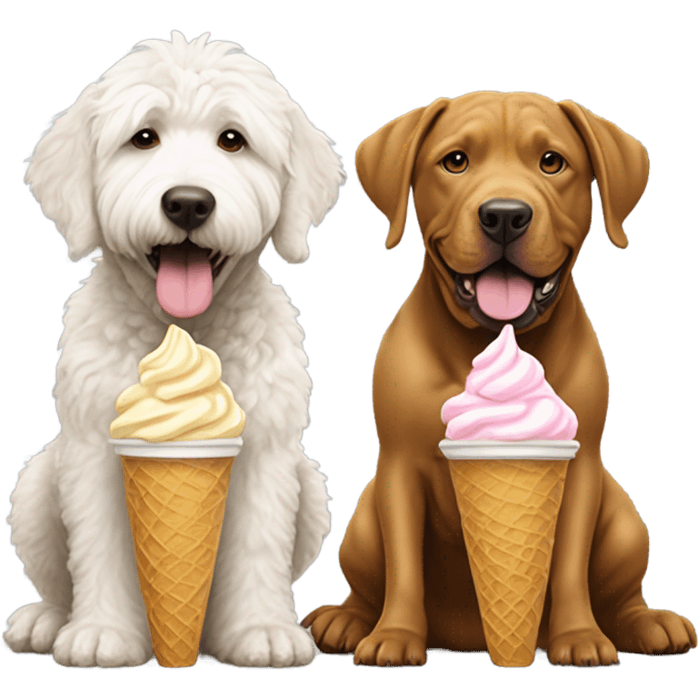 Golden doodle and pit bull eating ice cream emoji