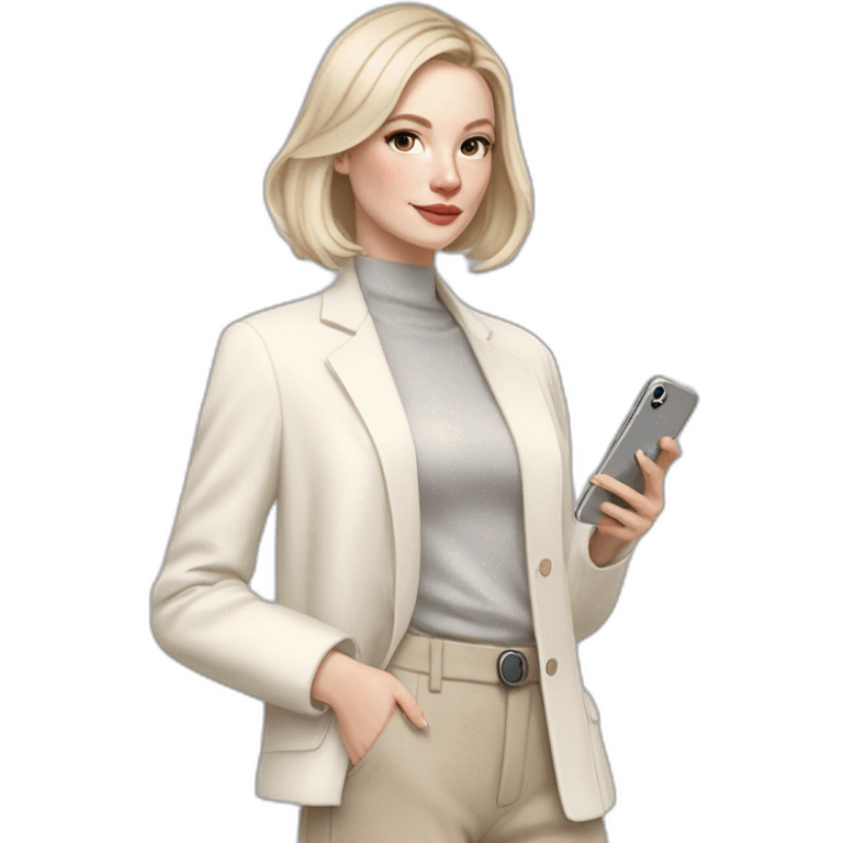 pale skin woman with ash blonde Straightened bob Hair, White Spacious classical jacket, beige palazzo Arrow pants and gray blouse holding white IPhone 14 pro in the hands emoji