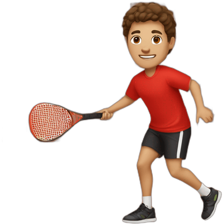 Young guy with swooped brown hair playing pickleball full body red shirt black shorts solid black paddle emoji