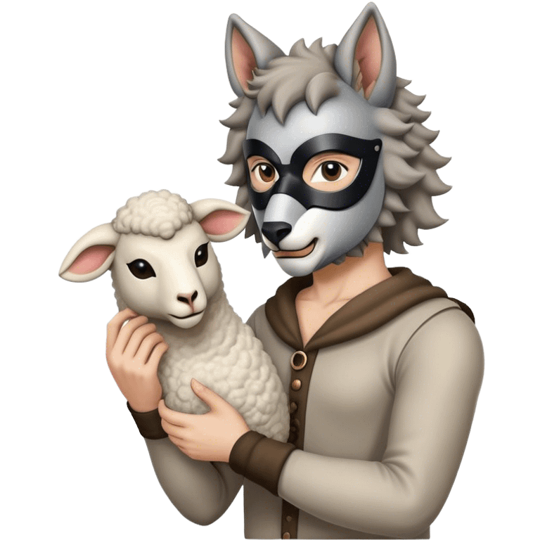 A human pose wolf with a sheep's mask in his hand emoji