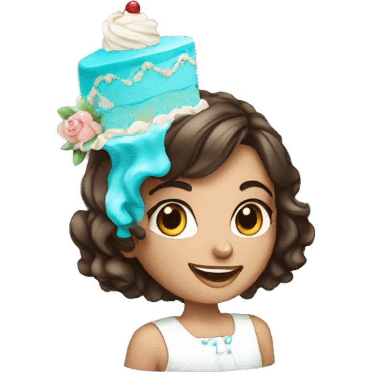 Brunette girl with highlights of cyan with cake emoji