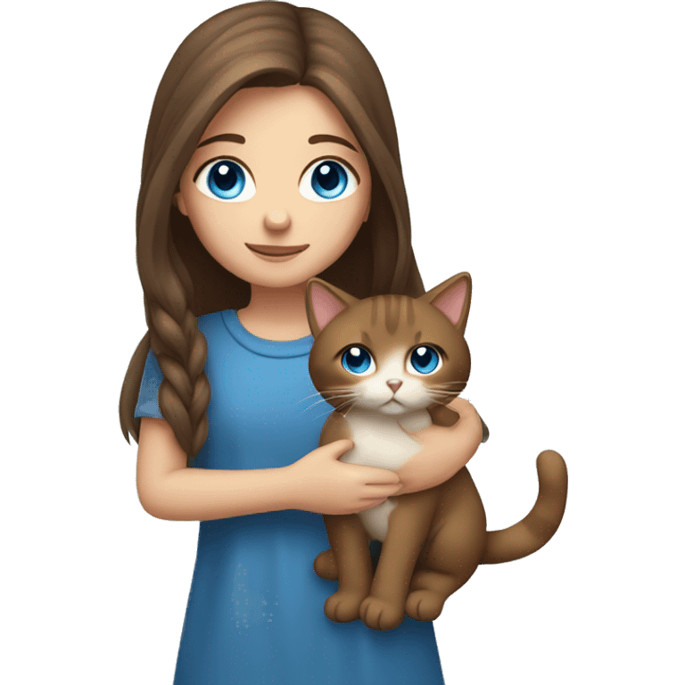 Girl with long brown hair and blue eyes holding a cat emoji