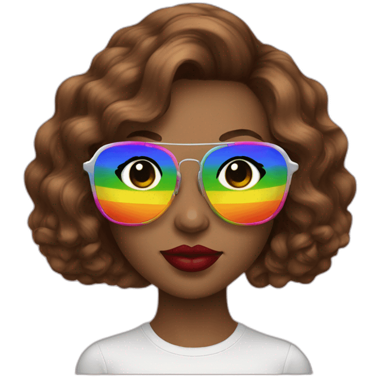 gay pride sunglasses on female head with wavy brown hair and rainbow lipstick emoji