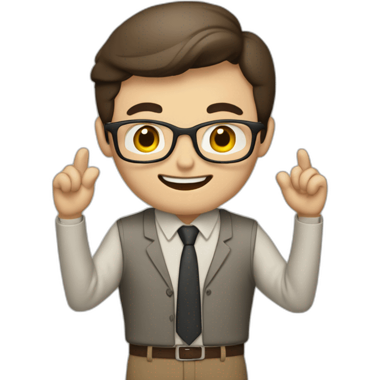 To belt Actively gesturing with hands Pale skinned fit man teacher with dark brown hair in gray jacket, beige office shirt, brown tie, brown pants and vintage glasses. emoji