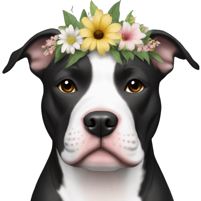 Black and white Pitbull with floral crown emoji