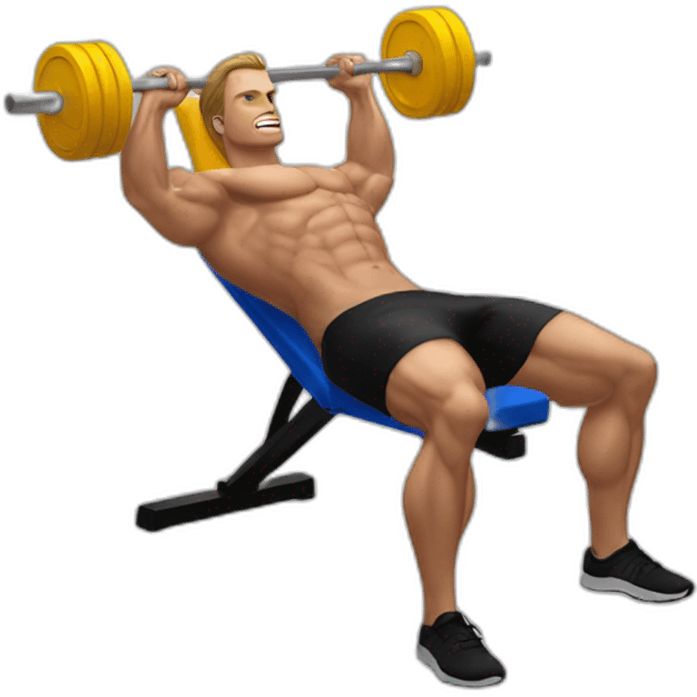 white man on musculation bench with portable computer used as dumbbels doing bench press emoji