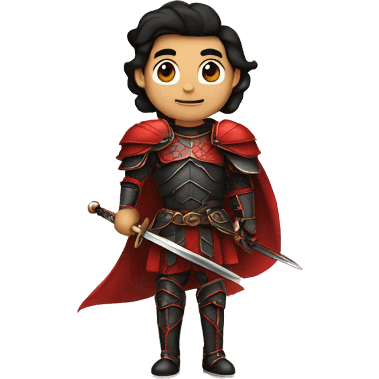 Vintage Tanned man with black hair and stern face with a pointed chin triangular jawline wearing red and black armour holding sword vintage intricate patterns emoji