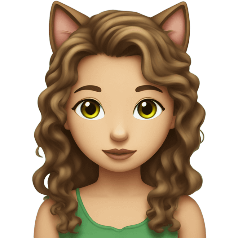 Girl with fair skin and long, dark brown, curly hair and hazel eyes kissing a brown tabby cat with green eyes on its head emoji