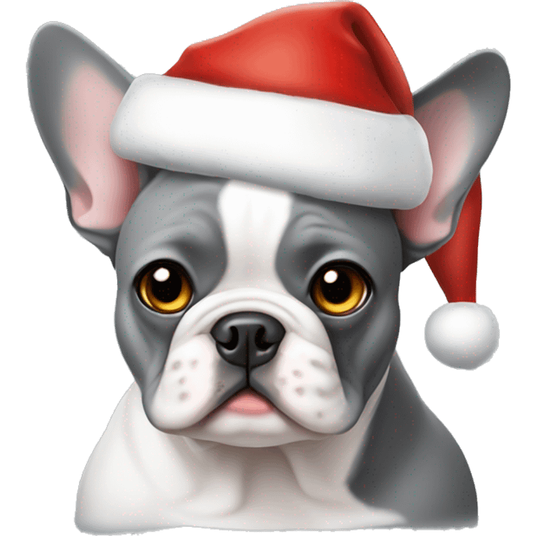 Grey and white pied French bulldog wearing Santa hat emoji