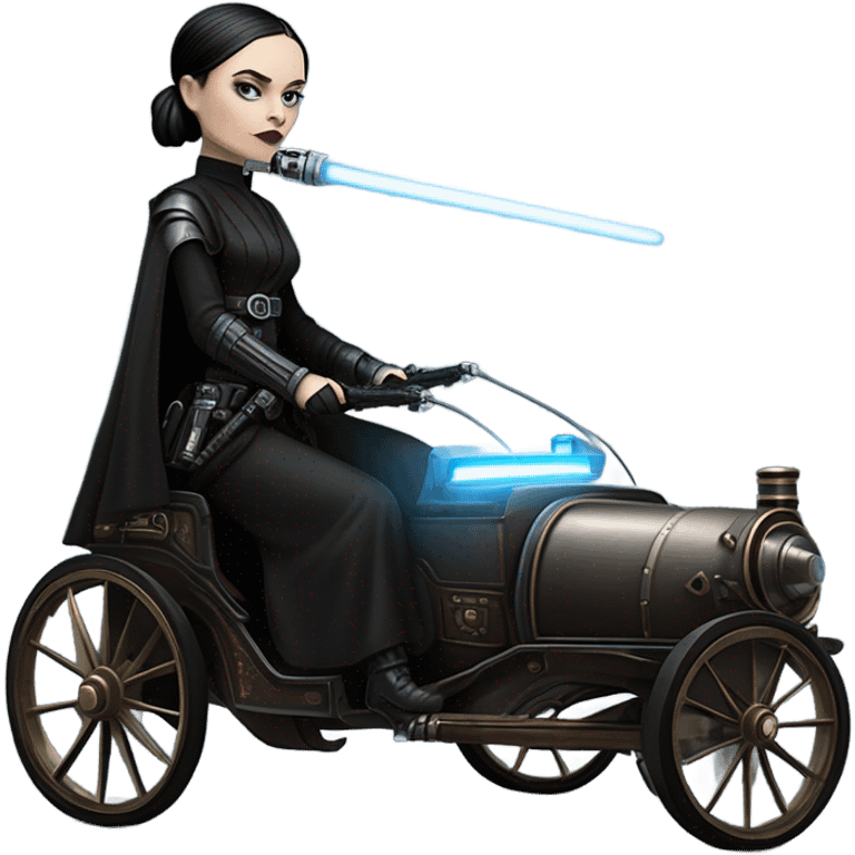 Wednesday Addams Jedi bounty hunter driving a modern blue,red and pewter steampunk electric carriage  emoji