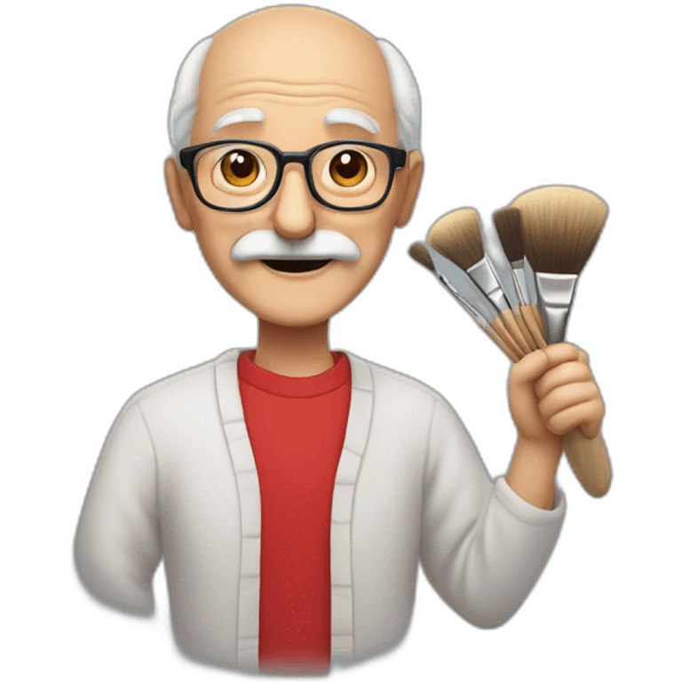 smiling old man who doesn't have much hair anymore, wearing a big gray mustache, glasses and a red shirt. he is holding an artist's palette and a paintbrush emoji