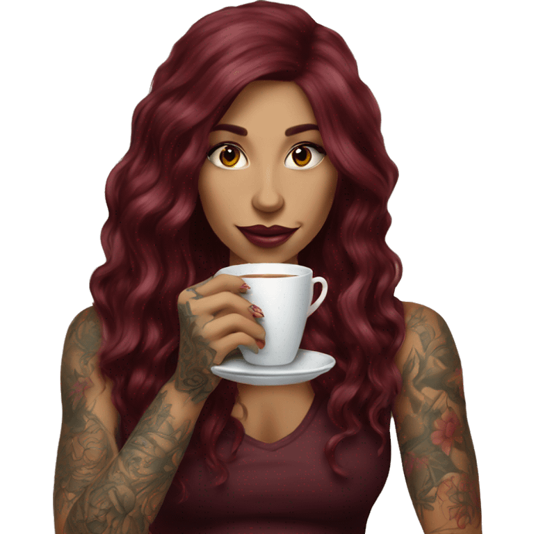 Beautiful tattooed  burgundy long haired woman sipping tea emoji