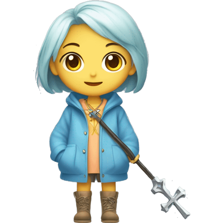 Cute little girl with light short blue hair with peach skin, with yellow raincoat hidden with boots holding a staff, with a cross necklace, Sanrio design emoji