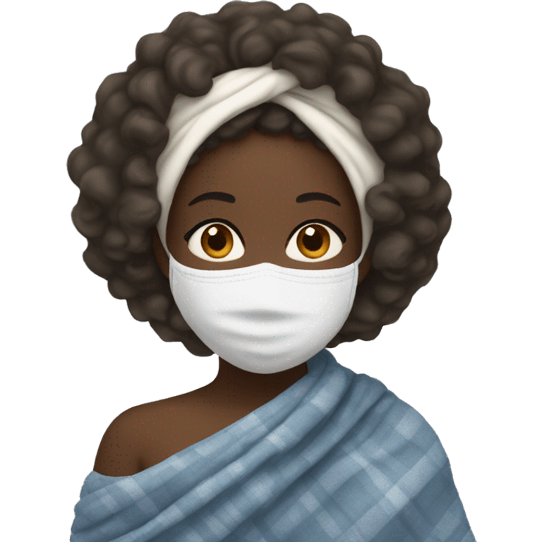 a black girl with curly hair wrapped in a blanket with a cup of tea and a white facial mask on emoji