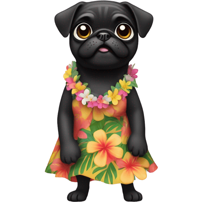 Black pug in a Hawaiian hula girl dress dancing emoji