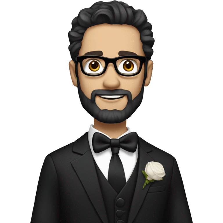 Groom with dark wavy hair and beard and metal glasses pale skin and black tux emoji