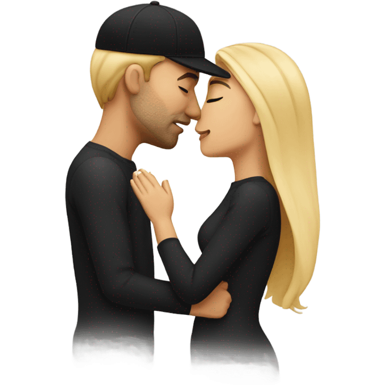 Man with short hair and black cap kissing woman with long blond hair passionately and eyes closed  emoji