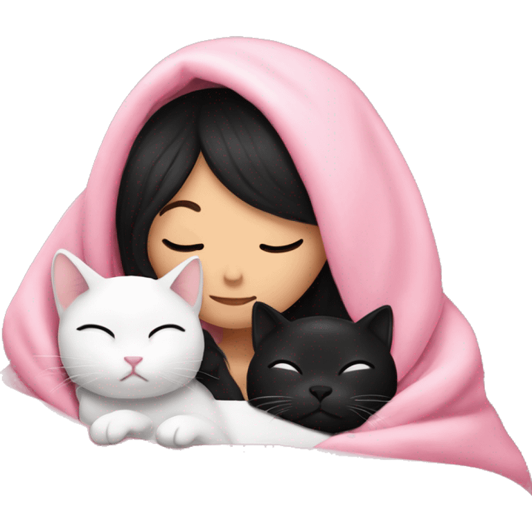 White girl with black hair sleeping with white cat under a pink blanket emoji