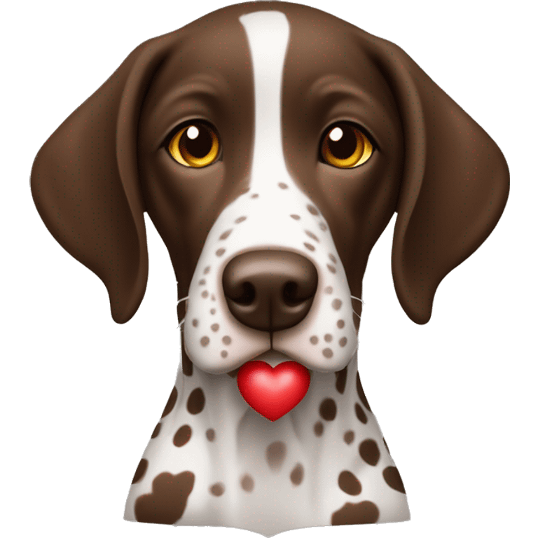 Brown and white German shorthair pointer with a heart emoji