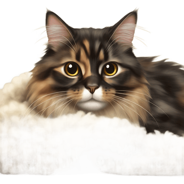 Long hair tortie cat kneading a sheep skin throw emoji