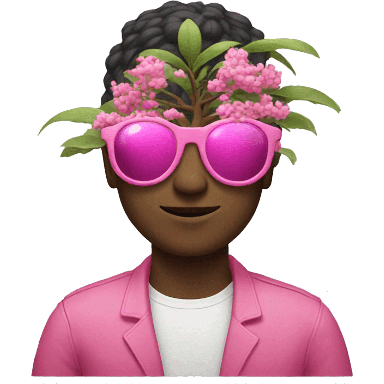 man holding a pink bozai tree while wearing googles emoji