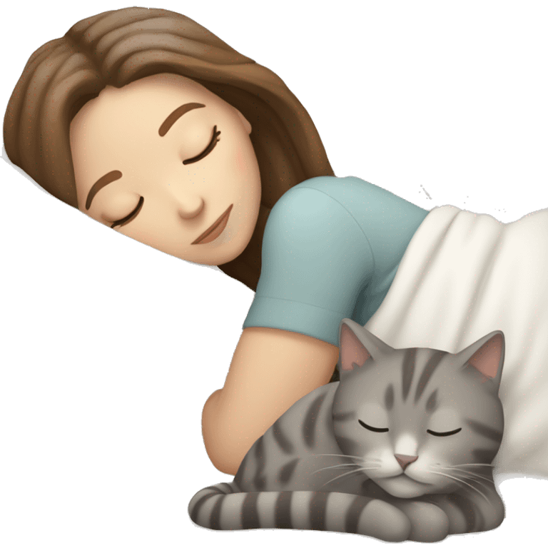 White girl brown hair sleeping with light grey kitty emoji