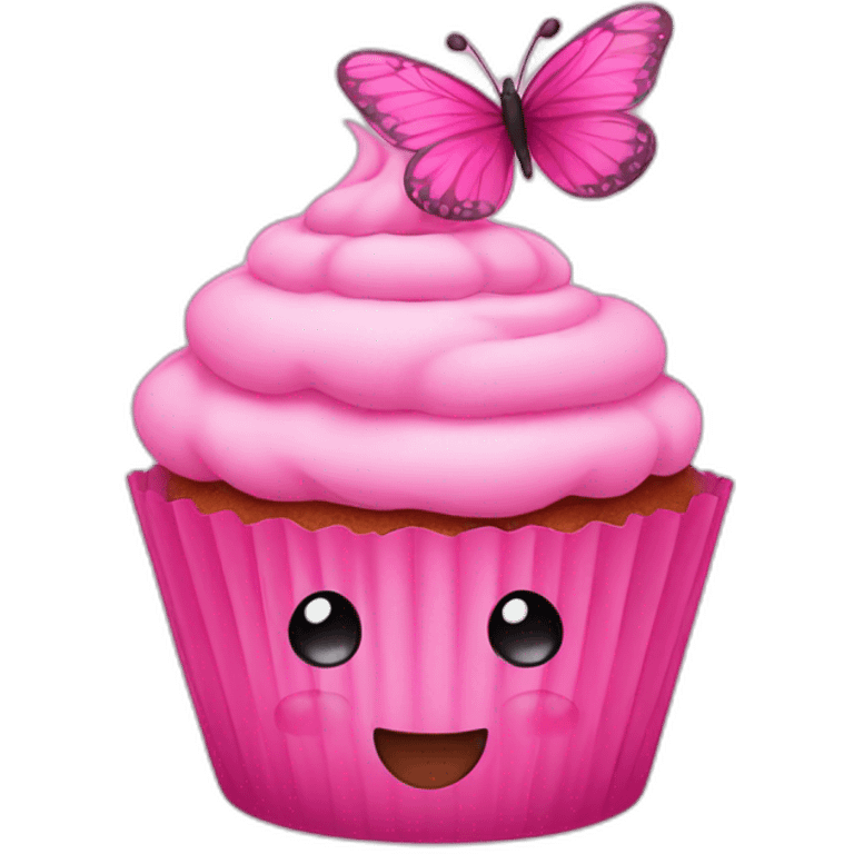 pink cupcake with a happy face and a pink butterfly  emoji