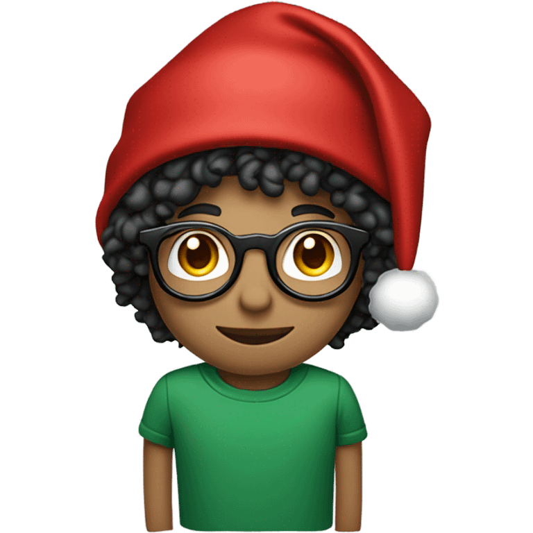 Unisex person ’light skin’ ’short curly dark green hair’ in a ’red Santa hat’ and black tshirt and round glasses  emoji