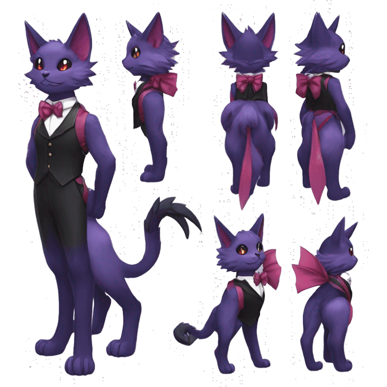 cool kawaii cute black purple red ethereal fantasy beautiful elegant nargacuga-Noivern-cat-Fakemon collar harness bow tie and bracers full body emoji