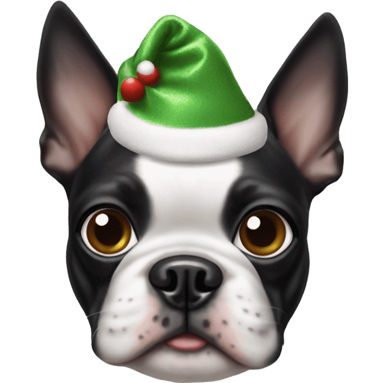 Boston terrier with bug eyes and a Christmas hat  emoji