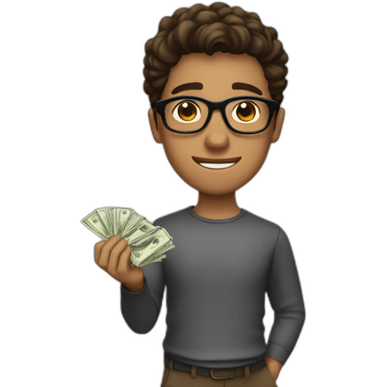 young guy with full black glasses, brown hair and money in hand emoji