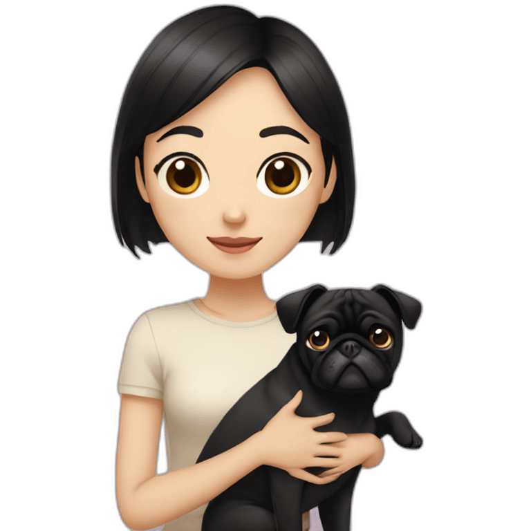 asian girl with black hair standing next to a pug  emoji