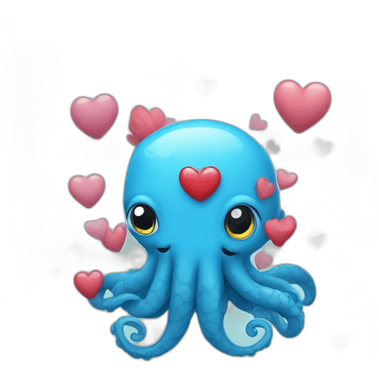 cute blue kraken with adorable face with many hearts around emoji