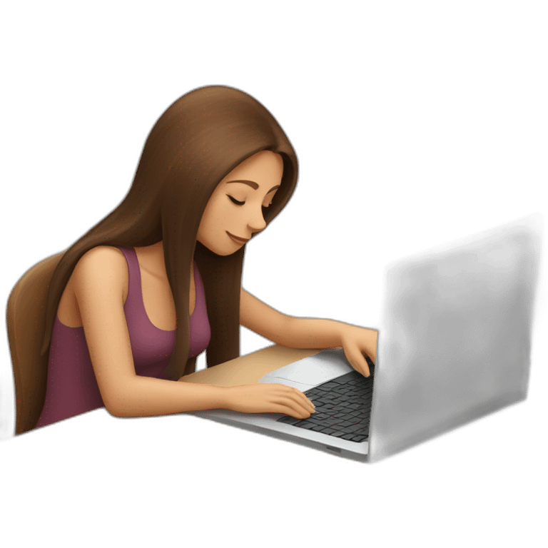 woman with brown long straigh hair working on laptop and a large cat sleeping on the laptop emoji