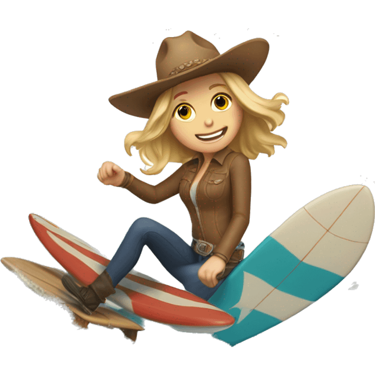 White Girl surfing a wave wearing a cowboy hat emoji