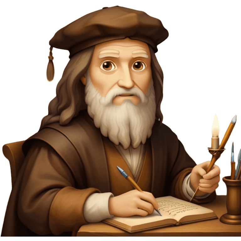 Cinematic Realistic Leonardo da Vinci Portrait Emoji, depicted as the quintessential Renaissance polymath with deep, thoughtful eyes, a flowing beard, and a quill or sketchbook in hand. The scene is illuminated with warm, classical lighting, evoking the atmosphere of a master artist’s workshop, surrounded by early sketches of inventions and masterpieces like the Mona Lisa. emoji