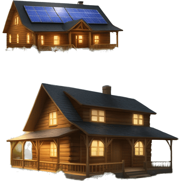 Very big Wood Cabin near tree, 5 stories tall solar, grass fields,porch lights on  emoji