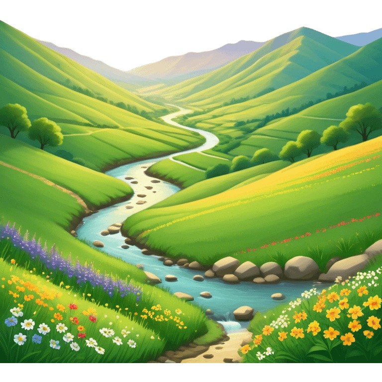 Cinematic Realistic Valley Emoji, Lush and serene, with gently sloping hills surrounding a vibrant green valley filled with wildflowers and a small stream. The soft, golden sunlight filters through the valley, casting peaceful, warm shadows across the landscape. Soft glowing outline, capturing the essence of natural peace and gentle beauty in a sprawling valley. emoji