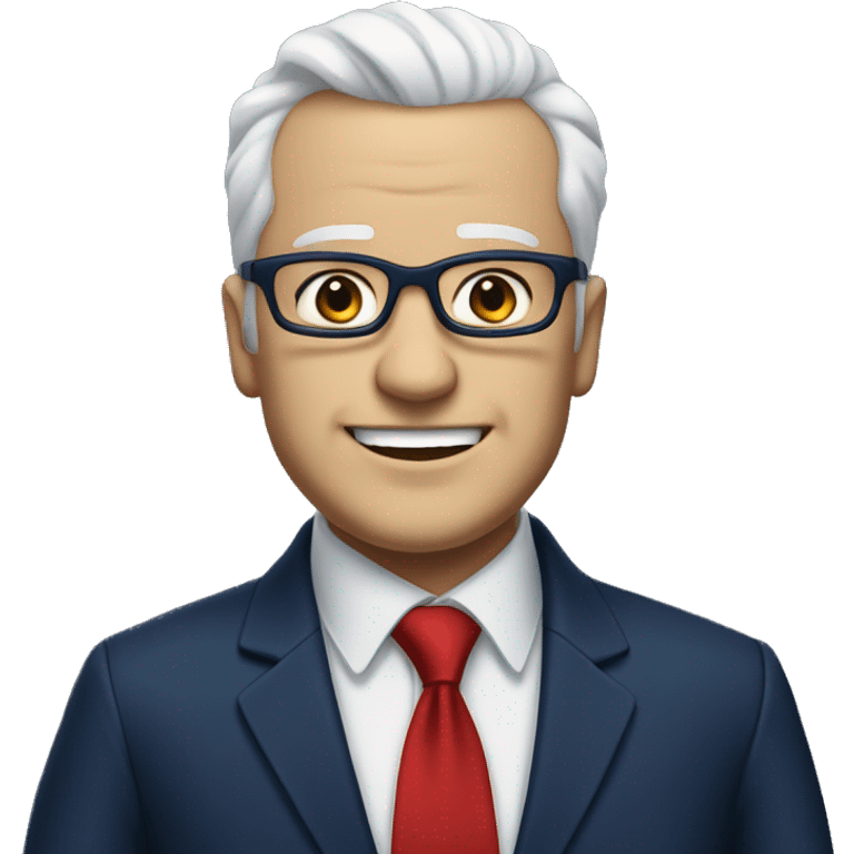 A heavy man, white skin, white hair, with glasses, no beard, smiling with teeth, and wearing a navy blue suit and red tie emoji