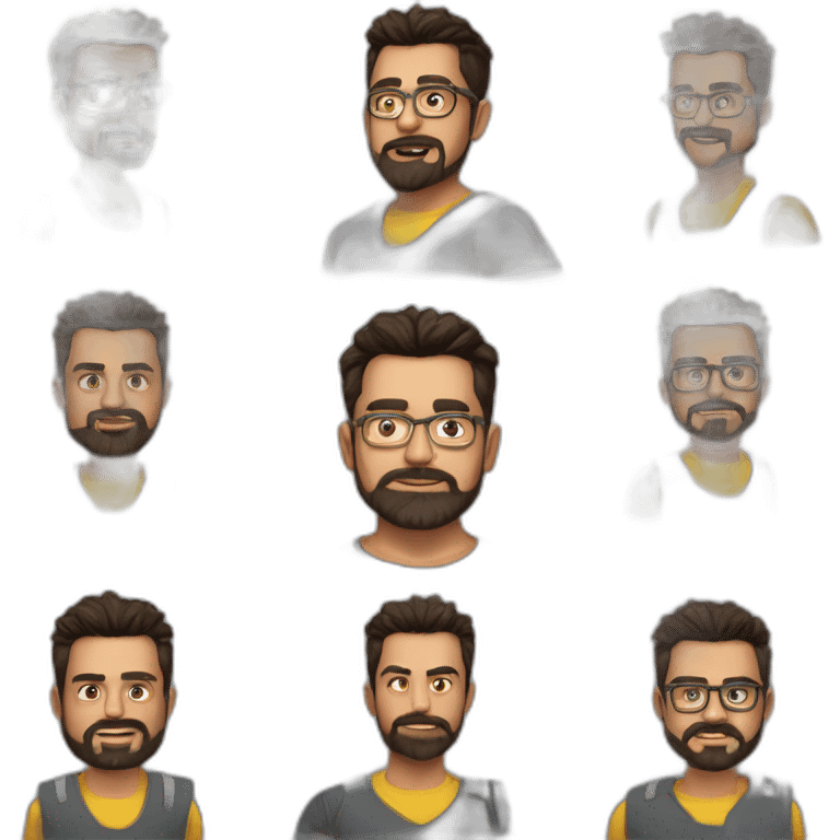 indian guy, has beard, chubby, fair, 25 year old guy, base it on Virat kohli, t-shirt of Chennai super kings, make the guy a bit chubby, and give specs like Tony stark emoji