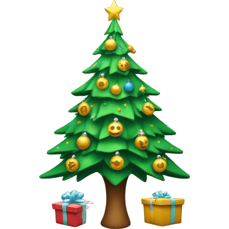 Christmas tree with presents under, with falling snowflakes emoji