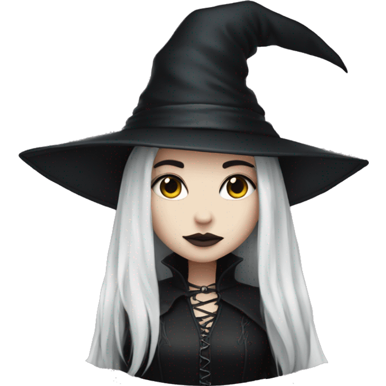 Goth girl, white skin, black long hair, witch hat emoji