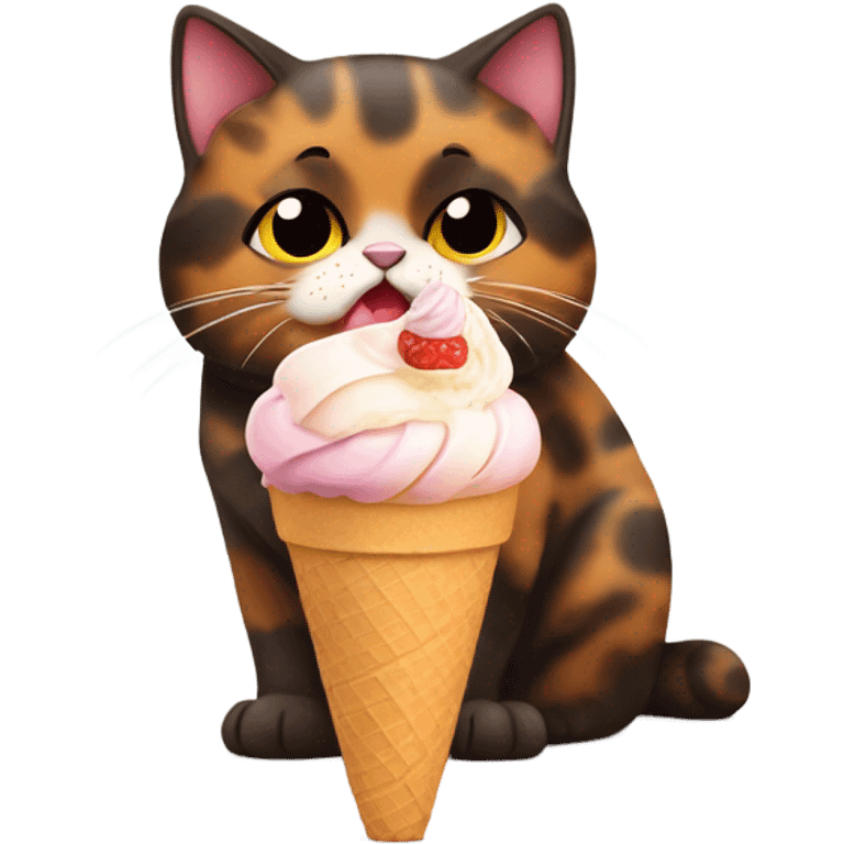 Cute fat tortoiseshell cat eating ice cream emoji