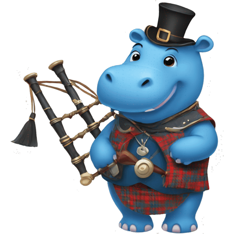 Blue hippo with bagpipes and traditional Scottish clothes emoji