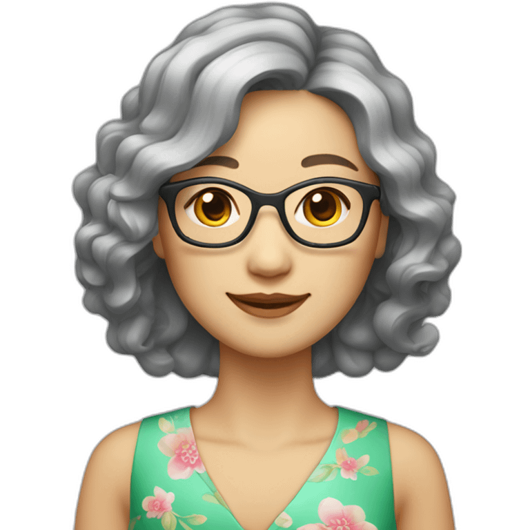 Chinese lady with like Lai gray hair wavy hair to the shoulder length where Chinese dress colourful dress wear glasses emoji