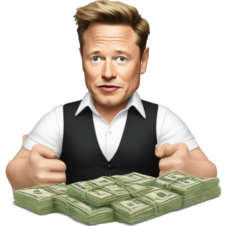 Elon musk with money in his hands with Gordon Ramsay eating stake emoji