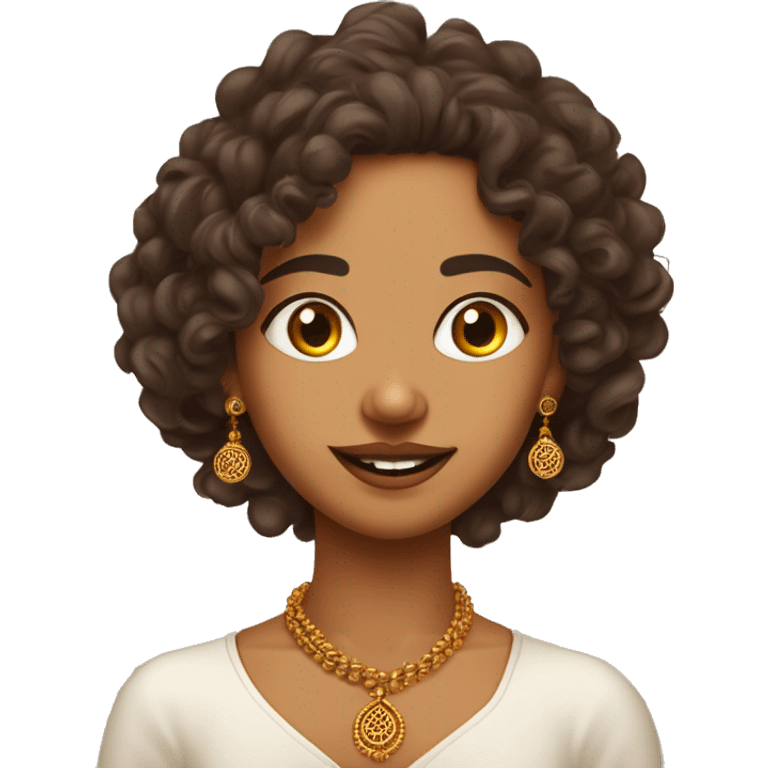 Long curly indian girl with wheatish skin with a golden nose ring. Thin angular face. Sharp jawline and nose. Big lips. With Rudraksha mala in neck. emoji