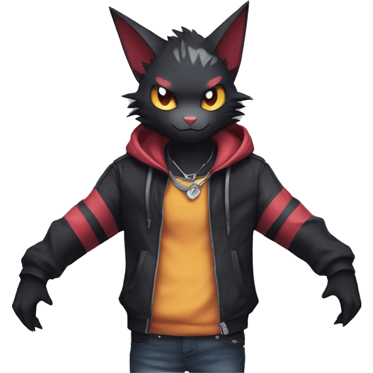 Cool Anthro Black Noibat-Quilava-Litten-Pokémon with edgy stripes hoodie spiked collar punk Full Body emoji