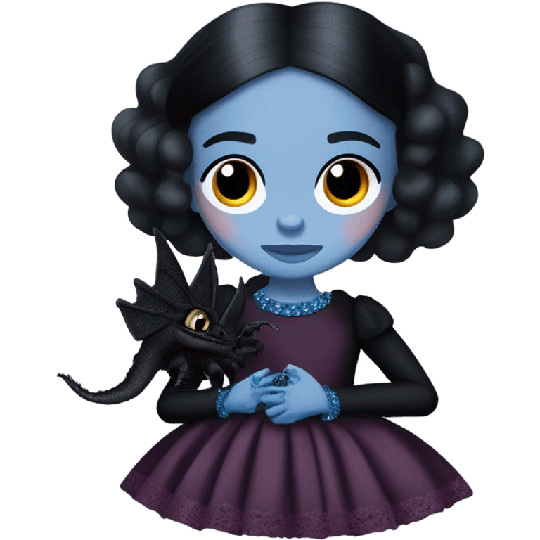 relaxed low-cut back silky black evening ball gown with lace gloves, Jenna Ortega as Wednesday Addams wearing a mini diamond tiara showing off blood blue cute horned dragon hand puppet emoji