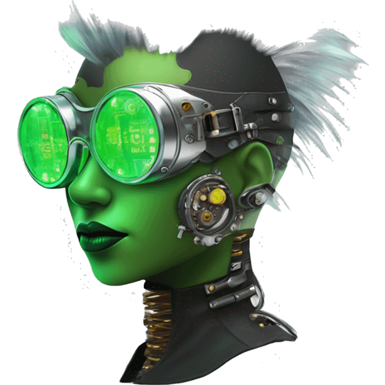 Neon green Mohawk hair Latina female cyborg head with silver steampunk goggles and circuits emoji